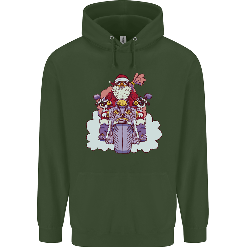 Biker Santa Christmas Motorcycle Motorbike Childrens Kids Hoodie Forest Green