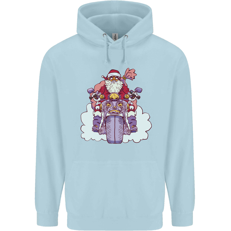 Biker Santa Christmas Motorcycle Motorbike Childrens Kids Hoodie Light Blue