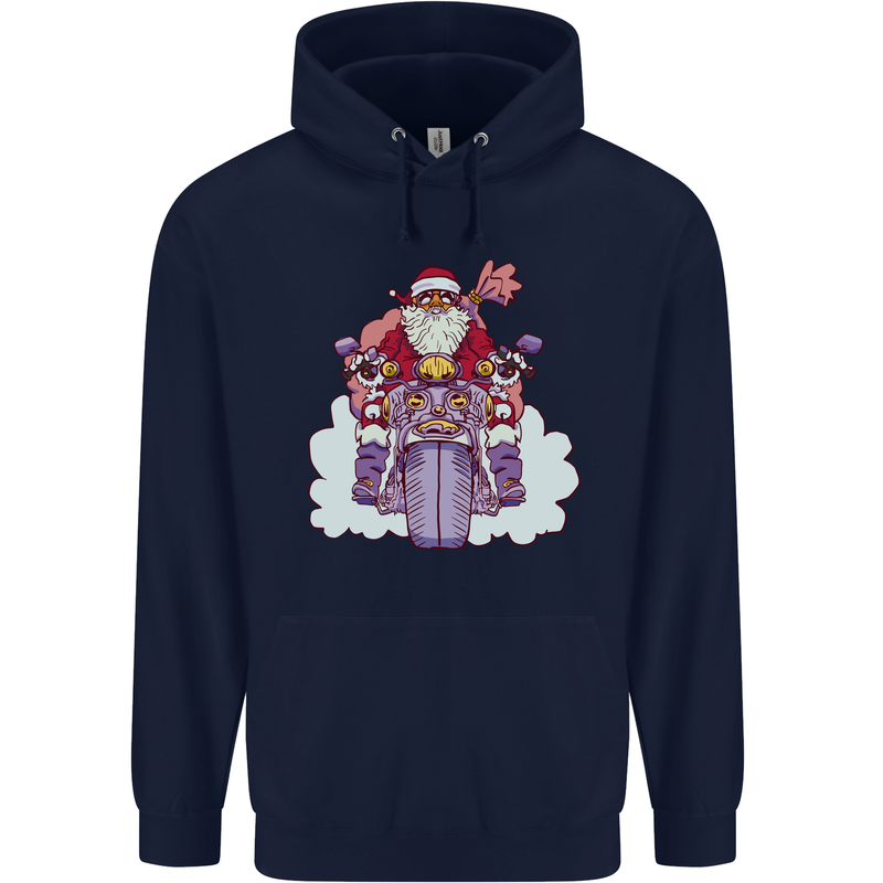Biker Santa Christmas Motorcycle Motorbike Childrens Kids Hoodie Navy Blue