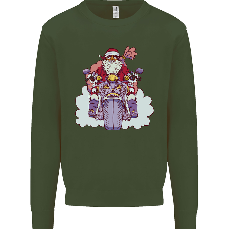Biker Santa Christmas Motorcycle Motorbike Kids Sweatshirt Jumper Forest Green