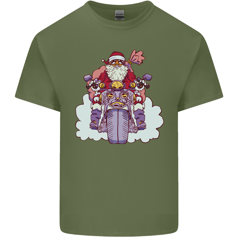 Biker Santa Christmas Motorcycle Motorbike Mens Cotton T-Shirt Tee Top Military Green