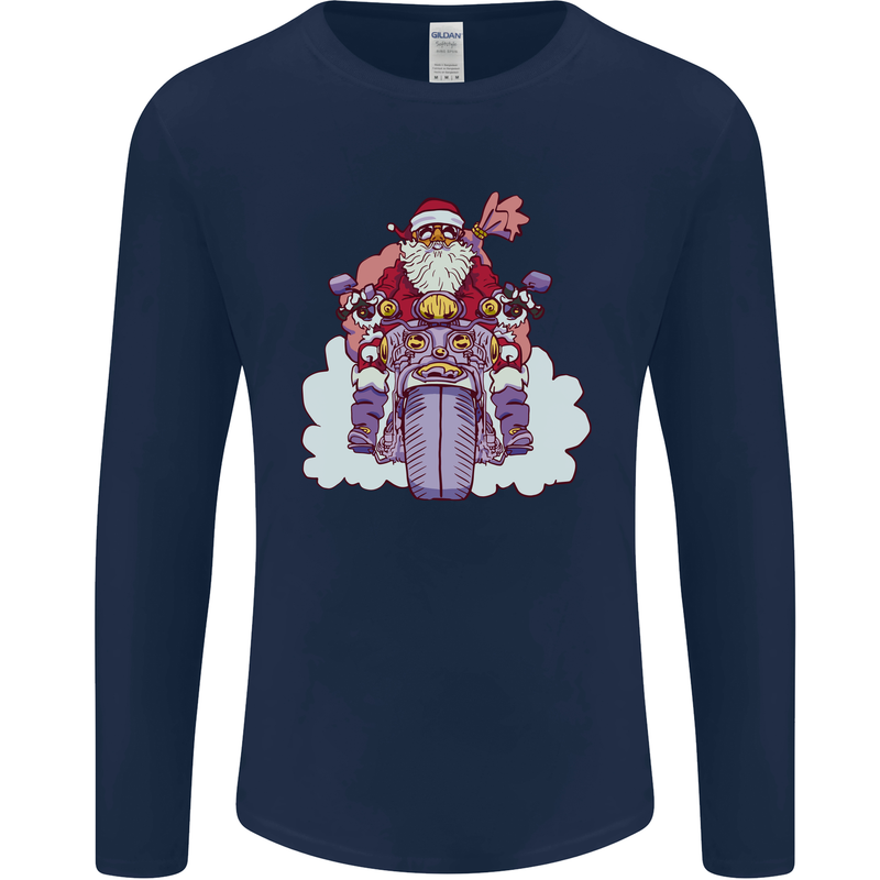 Biker Santa Christmas Motorcycle Motorbike Mens Long Sleeve T-Shirt Navy Blue