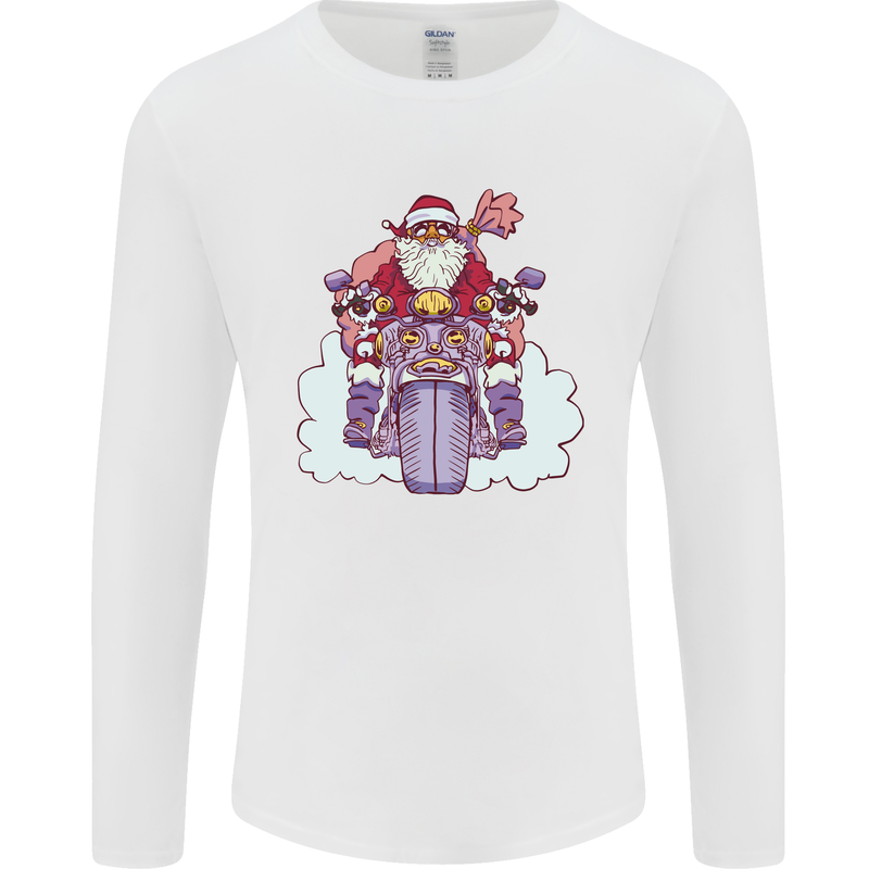 Biker Santa Christmas Motorcycle Motorbike Mens Long Sleeve T-Shirt White