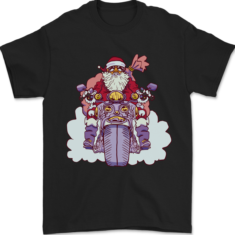 a black t - shirt with an image of santa riding a motorcycle