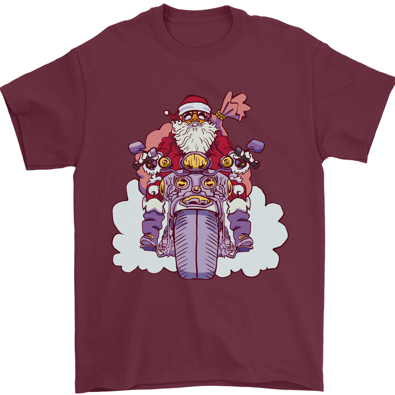 Biker Santa Christmas Motorcycle Motorbike Mens T-Shirt 100% Cotton Maroon