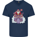 Biker Santa Christmas Motorcycle Motorbike Mens V-Neck Cotton T-Shirt Navy Blue