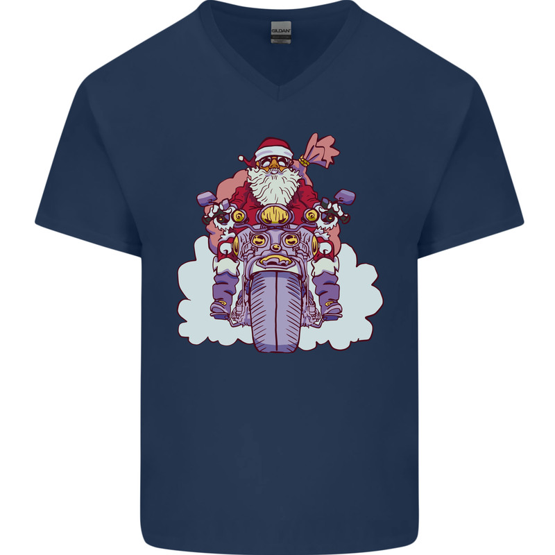 Biker Santa Christmas Motorcycle Motorbike Mens V-Neck Cotton T-Shirt Navy Blue