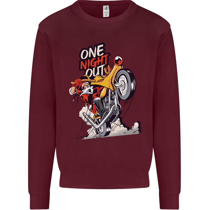 Biker Santa One Night Out Christmas Motorcycle Kids Sweatshirt Jumper Maroon