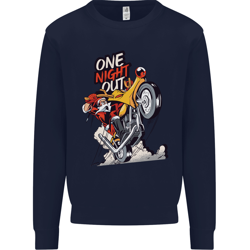 Biker Santa One Night Out Christmas Motorcycle Kids Sweatshirt Jumper Navy Blue