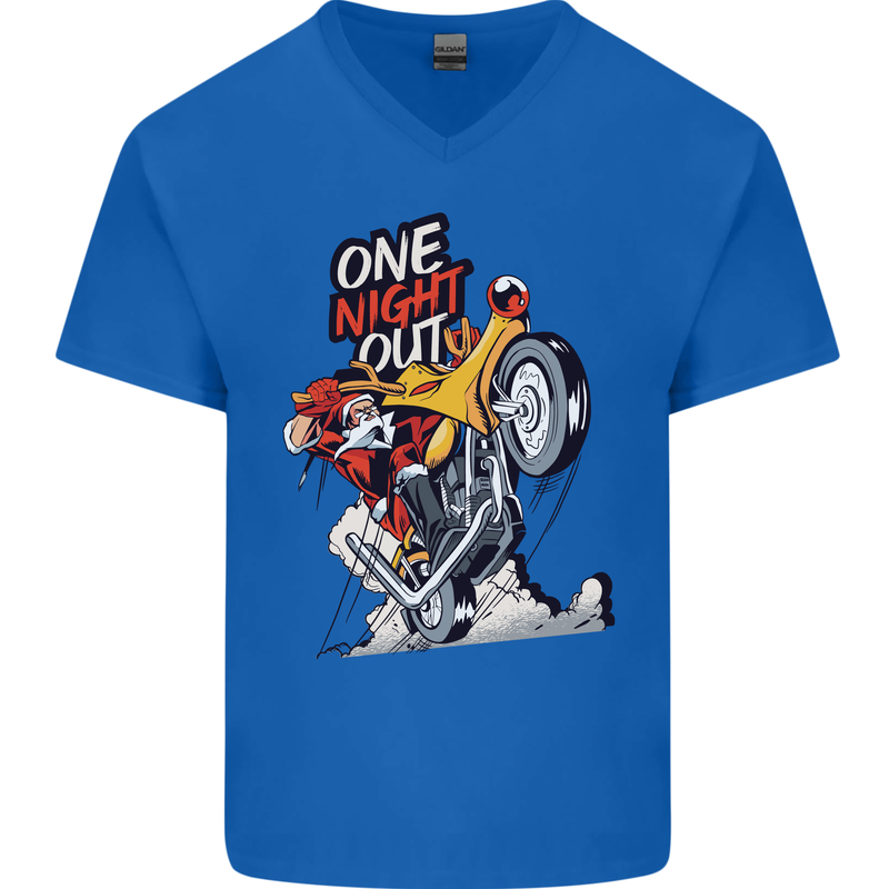 Biker Santa One Night Out Christmas Motorcycle Mens V-Neck Cotton T-Shirt Royal Blue