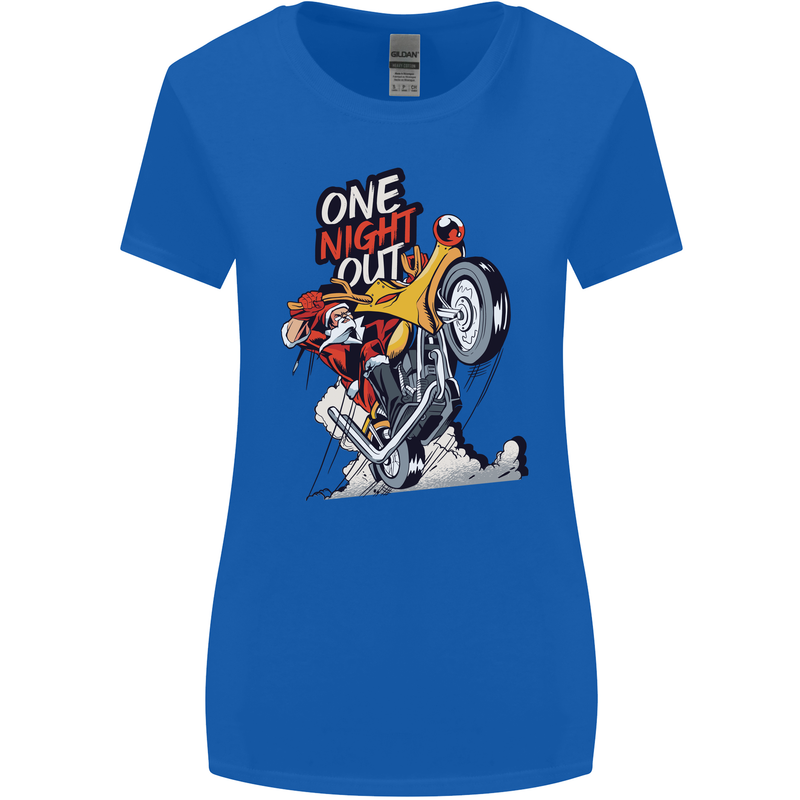 Biker Santa One Night Out Christmas Motorcycle Womens Wider Cut T-Shirt Royal Blue