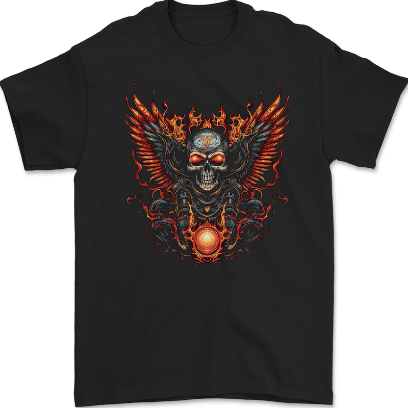 a black t - shirt with a skull and flames on it