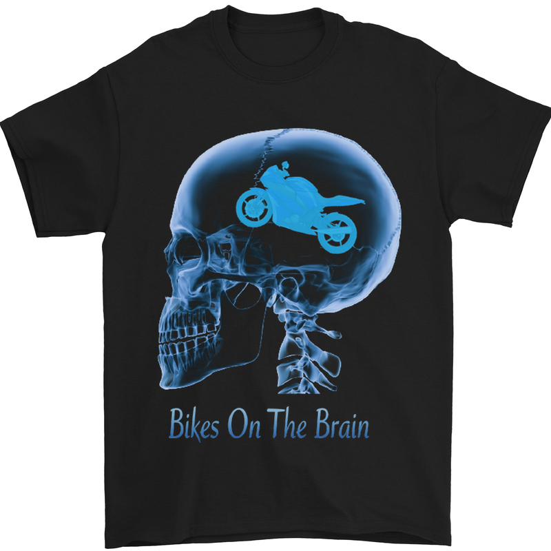 a black t - shirt with a blue motorcycle on the brain