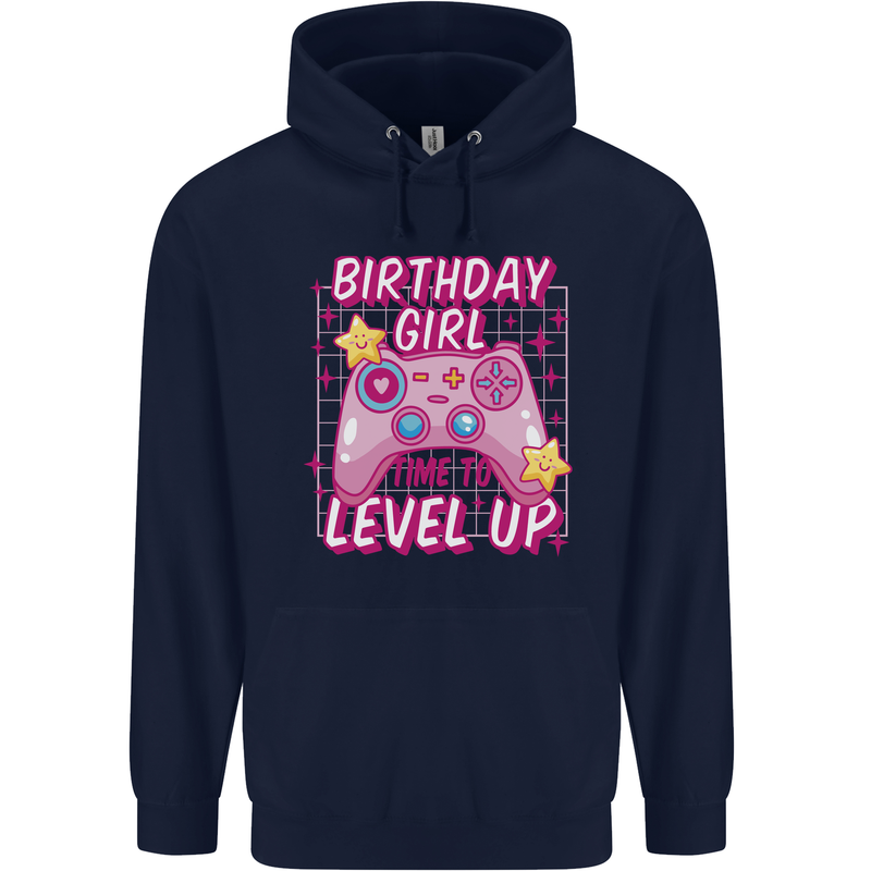 Birthday Girl Level Up Gaming Gamer 6th 7th 8th Childrens Kids Hoodie Navy Blue