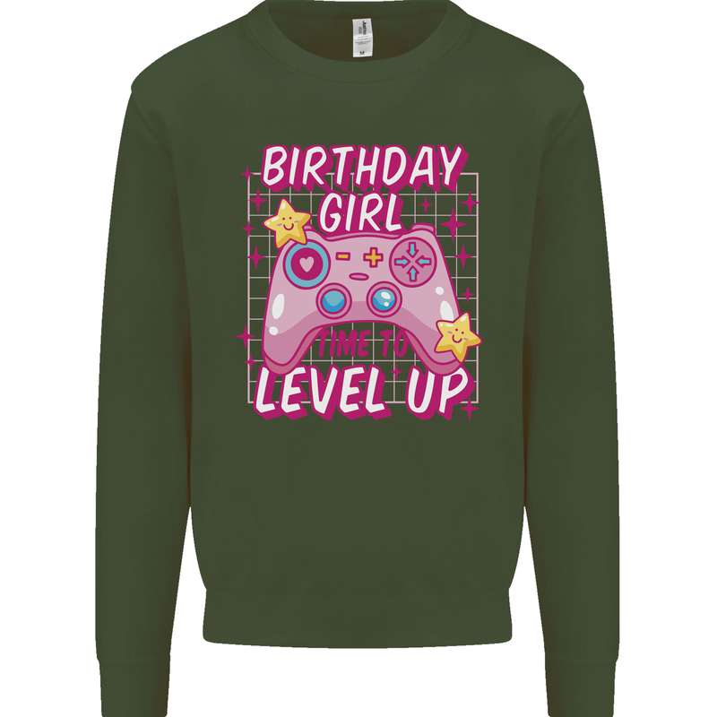 Birthday Girl Level Up Gaming Gamer 6th 7th 8th Kids Sweatshirt Jumper Forest Green