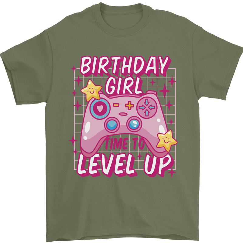 Birthday Girl Level Up Gaming Gamer 6th 7th 8th Mens T-Shirt 100% Cotton Military Green