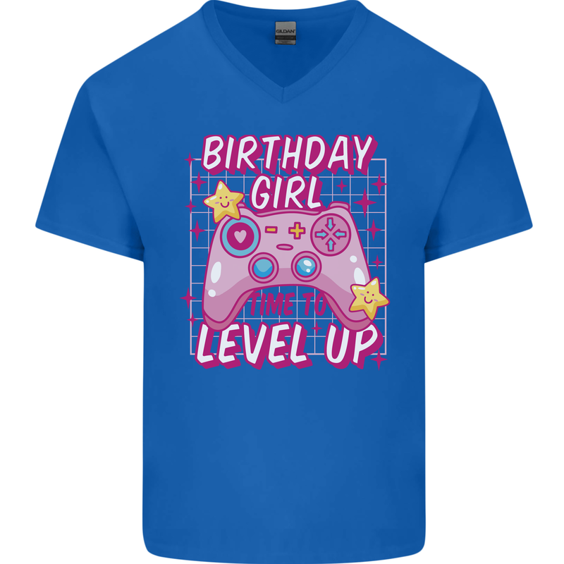 Birthday Girl Level Up Gaming Gamer 6th 7th 8th Mens V-Neck Cotton T-Shirt Royal Blue