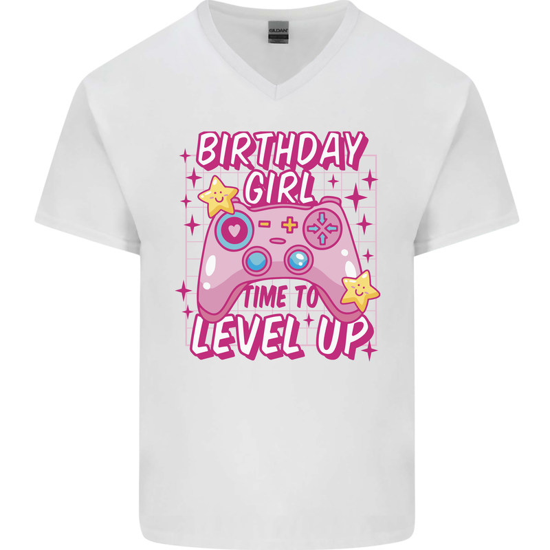 Birthday Girl Level Up Gaming Gamer 6th 7th 8th Mens V-Neck Cotton T-Shirt White
