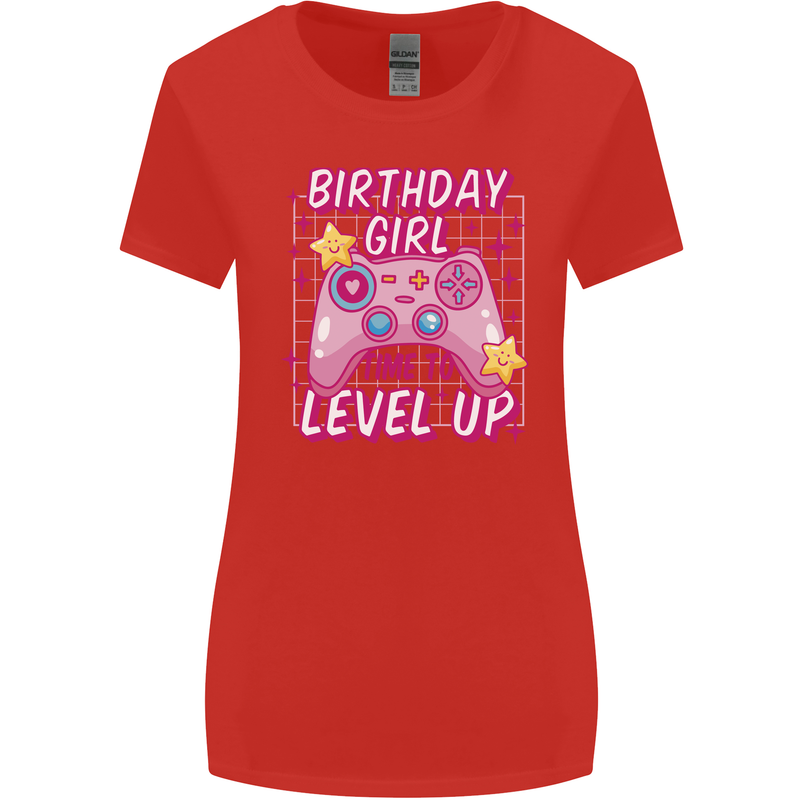 Birthday Girl Level Up Gaming Gamer 6th 7th 8th Womens Wider Cut T-Shirt Red