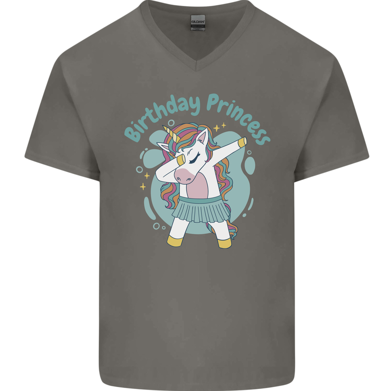Birthday Princess Unicorn 4th 5th 6th 7th 8th Mens V-Neck Cotton T-Shirt Charcoal