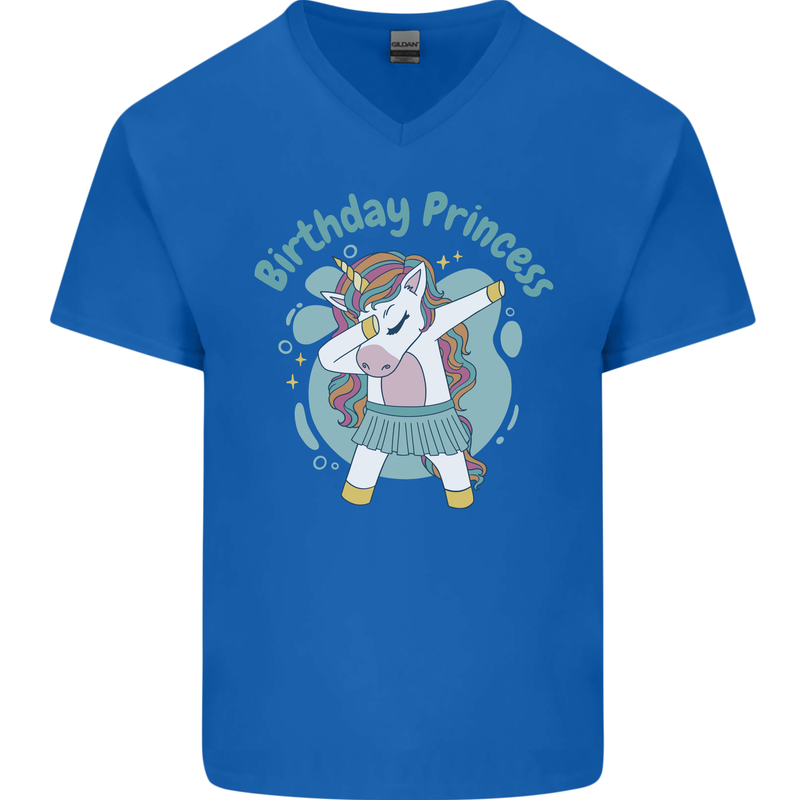 Birthday Princess Unicorn 4th 5th 6th 7th 8th Mens V-Neck Cotton T-Shirt Royal Blue