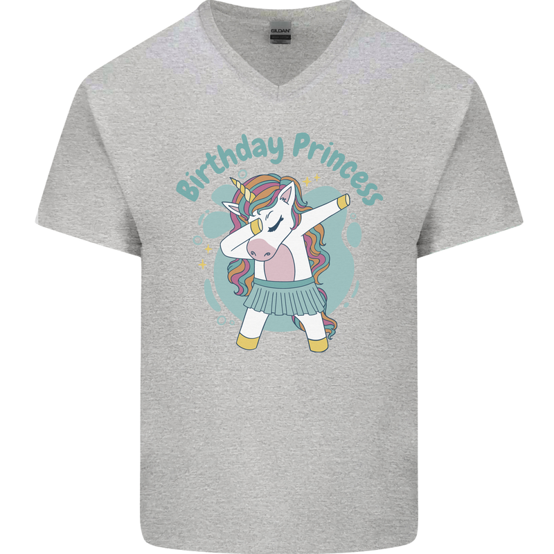 Birthday Princess Unicorn 4th 5th 6th 7th 8th Mens V-Neck Cotton T-Shirt Sports Grey