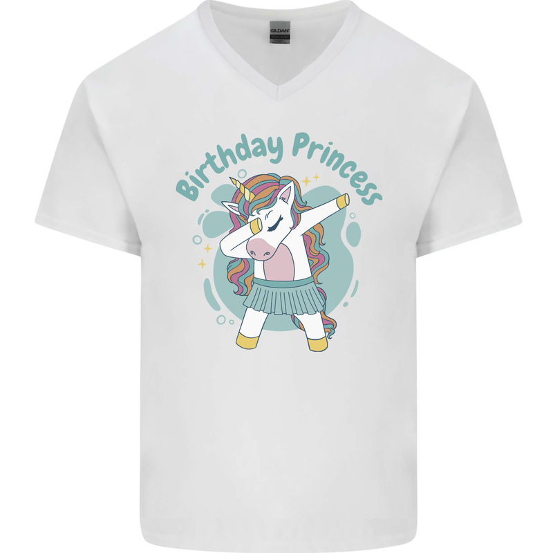 Birthday Princess Unicorn 4th 5th 6th 7th 8th Mens V-Neck Cotton T-Shirt White