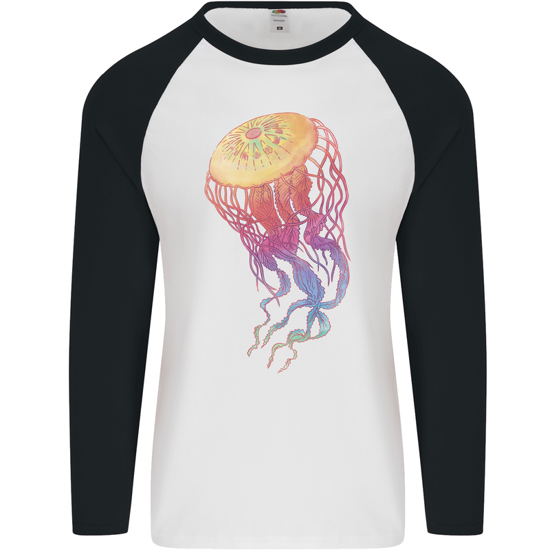 Colourful Jellyfish Ocean Life Mens L/S Baseball T-Shirt White/Black