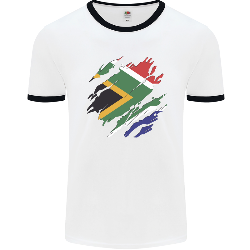 Torn South African Flag Africa Day Football Mens Ringer T-Shirt White/Black