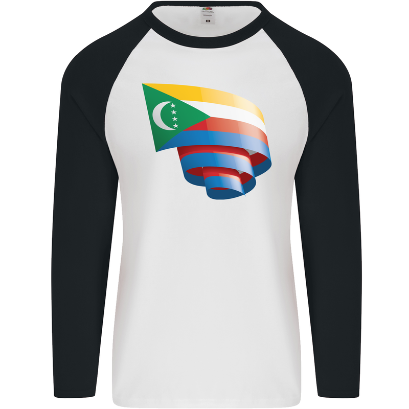 Curled Comoros Flag Comorian Day Football Mens L/S Baseball T-Shirt White/Black