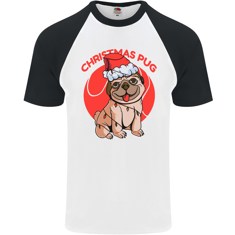 A Christmas Pug Wearing an Xmas Hat Mens S/S Baseball T-Shirt White/Black