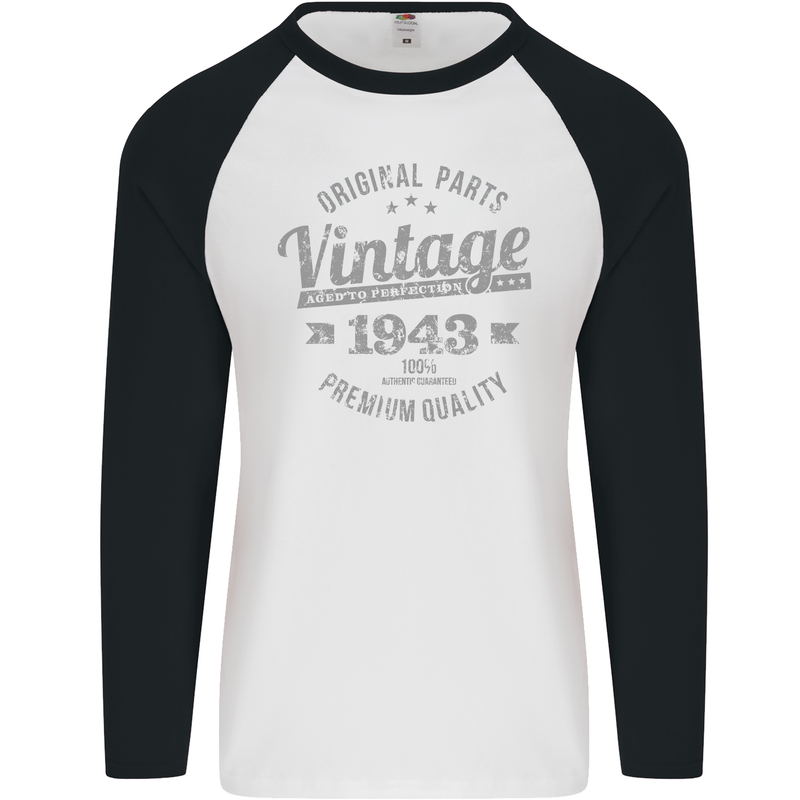 Vintage Year 80th Birthday 1943 Mens L/S Baseball T-Shirt White/Black