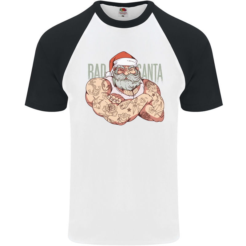 Bad Santa Christmas Tattoo Xmas Biker Gym Mens S/S Baseball T-Shirt White/Black