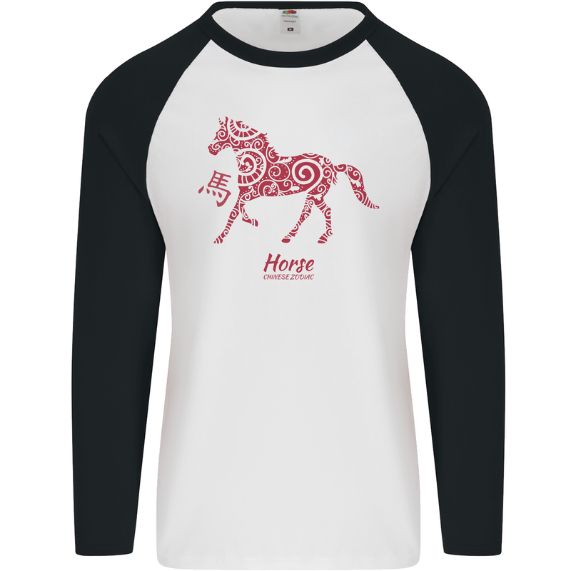 Chinese Zodiac Shengxiao Year of the Horse Mens L/S Baseball T-Shirt White/Black