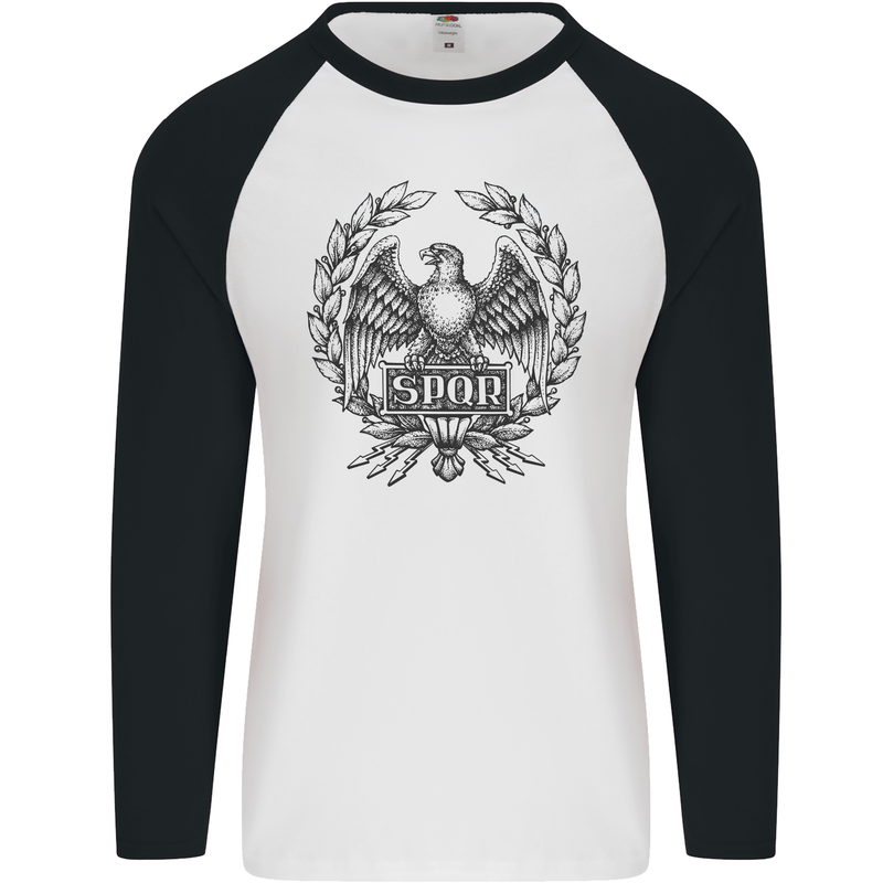 SPQR Roman Emblem Gym Training Top Mens L/S Baseball T-Shirt White/Black