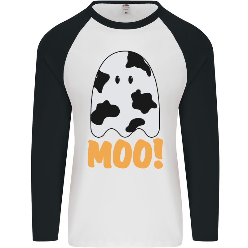 Moo Funny Cow Ghost Halloween Spooky Mens L/S Baseball T-Shirt White/Black