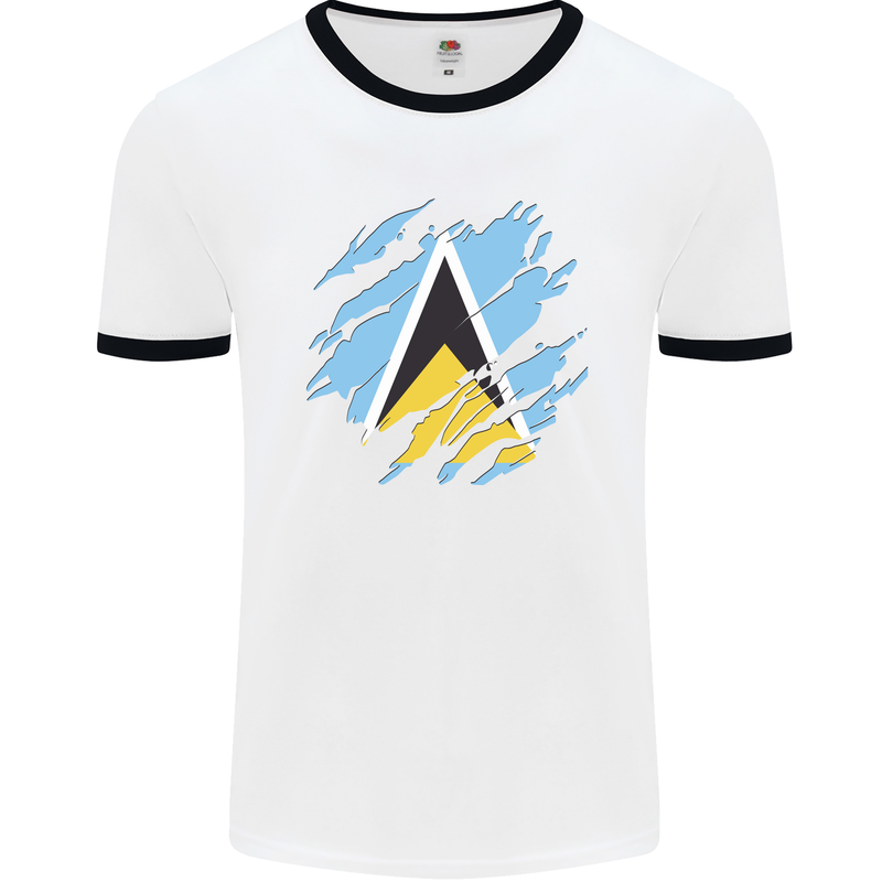 Torn Saint Lucia Flag Lucian Day Football Mens Ringer T-Shirt White/Black