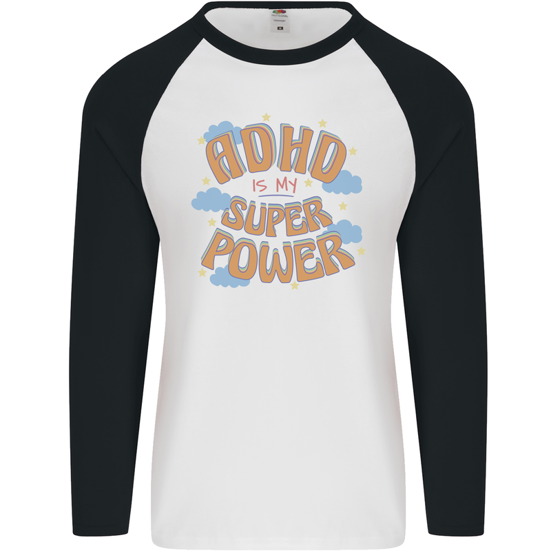 ADHD is My Superpower Mens L/S Baseball T-Shirt White/Black