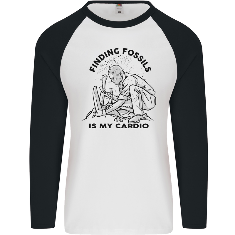 Funny Palaeontology Finding Fossils is My Cardio Mens L/S Baseball T-Shirt White/Black