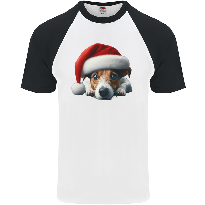 Christmas Jack Russell Wearing an Xmas Hat Dog Mens S/S Baseball T-Shirt White/Black