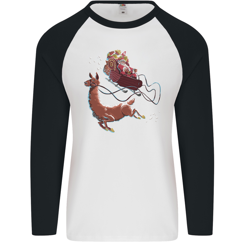 Santa & Llama Funny Christmas Sleigh Xmas Mens L/S Baseball T-Shirt White/Black