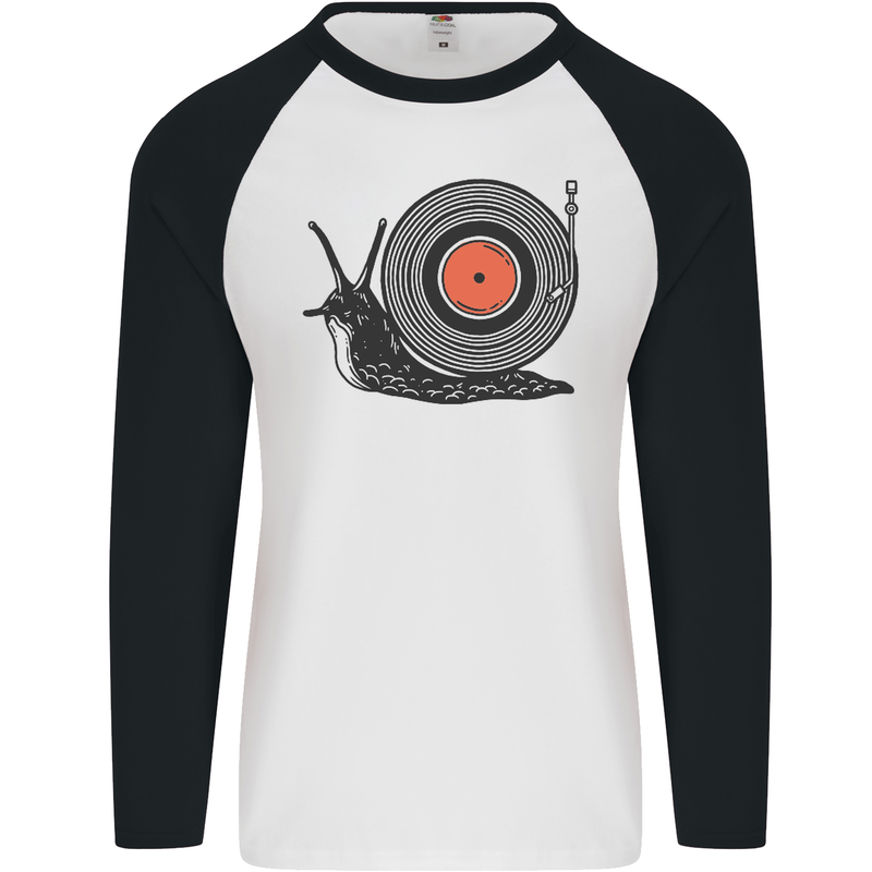 Slug Decks with Vinyl LP DJ DJing Turntable Mens L/S Baseball T-Shirt White/Black