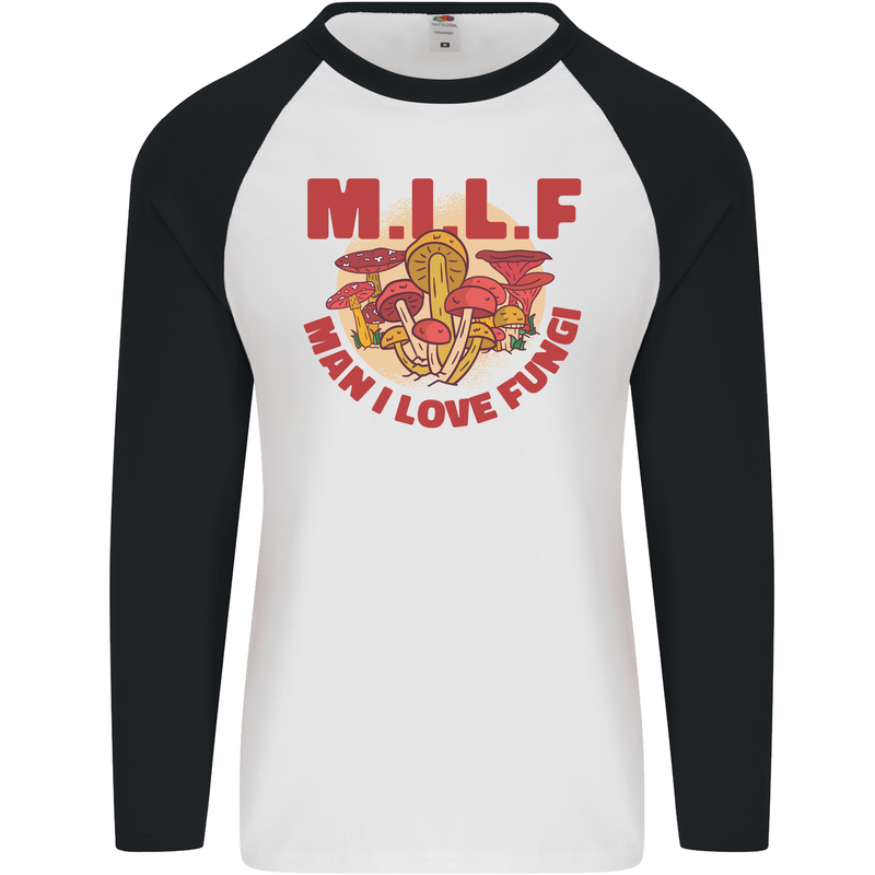 MILF Man I Love Fungi Mycology Foraging Mens L/S Baseball T-Shirt White/Black