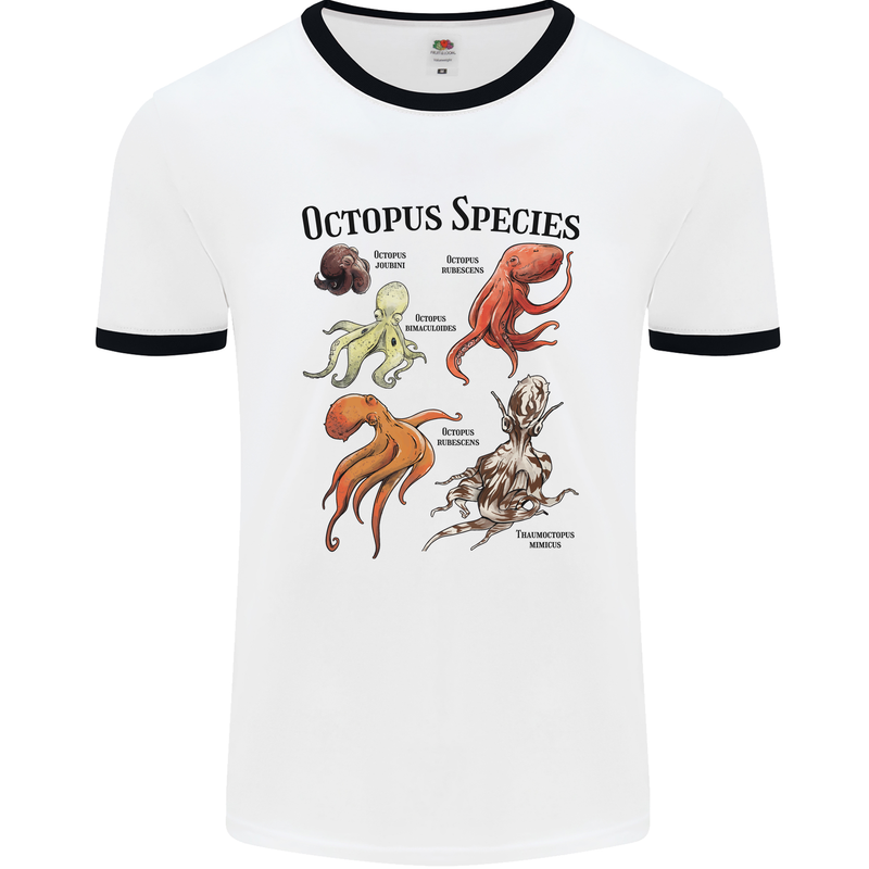 Octopus Species Sealife Scuba Diving Mens Ringer T-Shirt White/Black