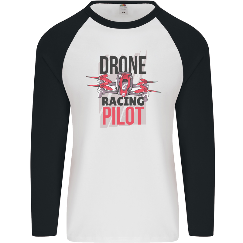 Drone Racing Pilot Mens L/S Baseball T-Shirt White/Black