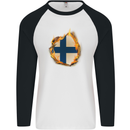 The Finnish Flag Fire Effect Finland Mens L/S Baseball T-Shirt White/Black