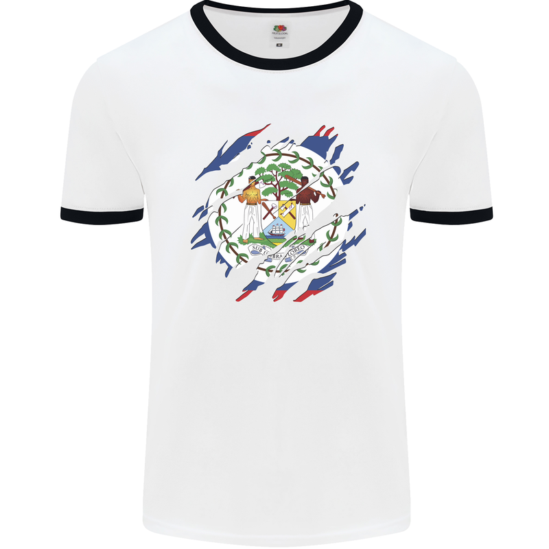 Torn Belize Flag Belizean Day Football Mens Ringer T-Shirt White/Black