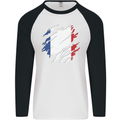 Torn France Flag French Day Football Mens L/S Baseball T-Shirt White/Black