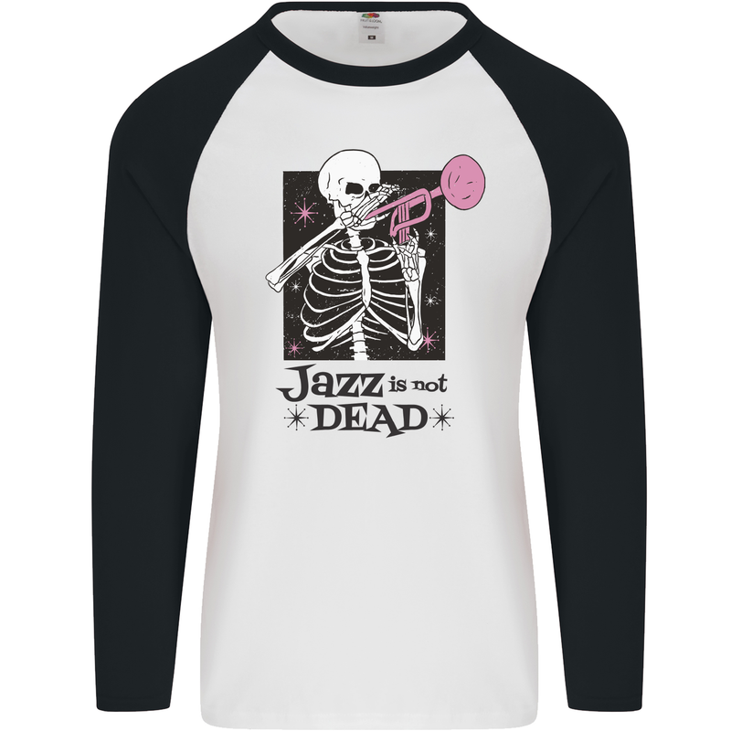 Jazz is Not Dead Skeleton Mens L/S Baseball T-Shirt White/Black