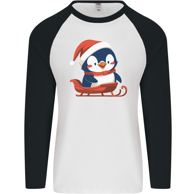 Cute Christmas Penguin & Sledge Funny Xmas Mens L/S Baseball T-Shirt White/Black